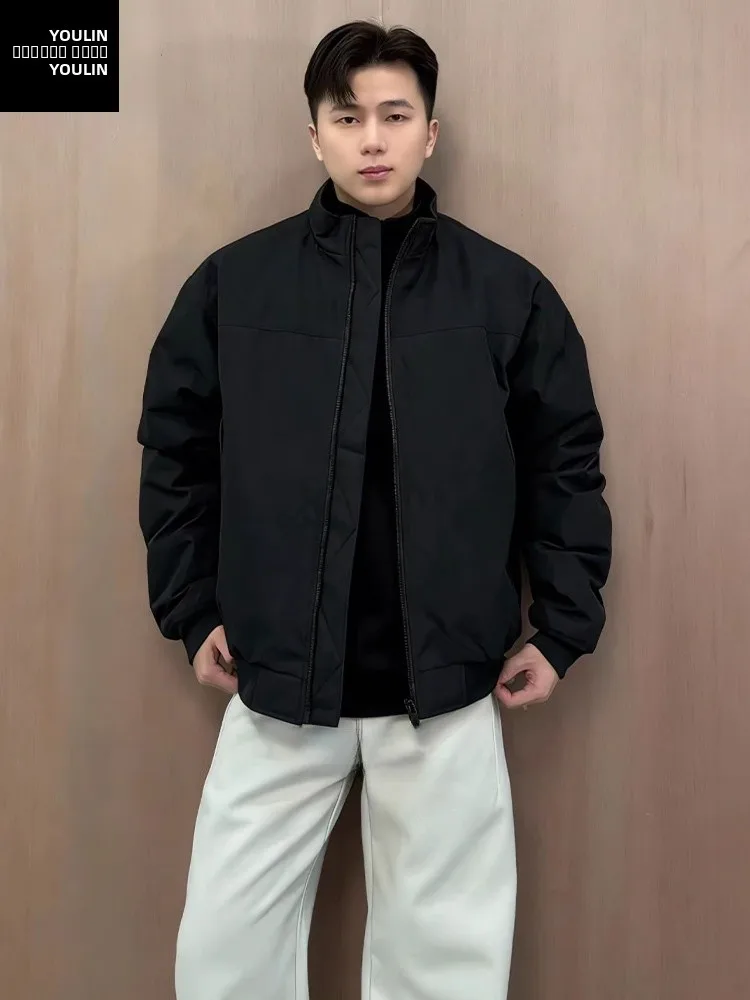 American Style Short Black down Jacket Men's Winter Warm Thickened Cotton Insert Stand Collar Waterproof Youth Fashion