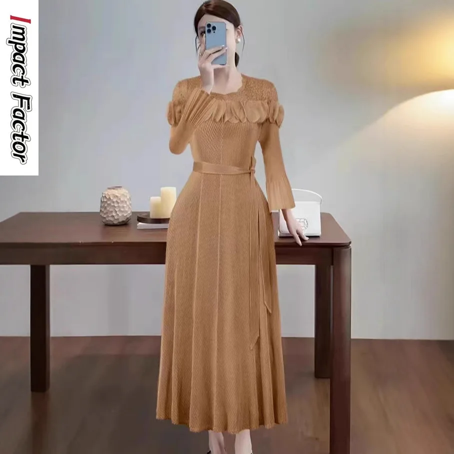 2025 Autumn New Miyake Pleated Solid Color Long Dress Big Swing Dress Femininity Elegant Waist Women's Dress
