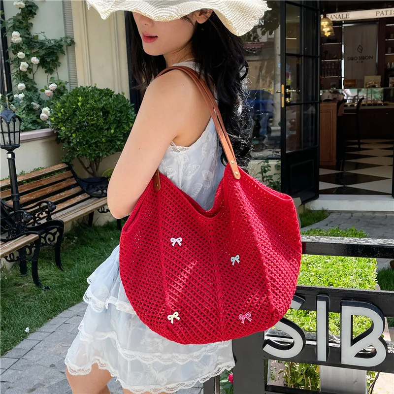 

Sweet Bow Women's Vacation Beach Tote Handbags Casual Knitted Ladies Portable Shoulder Bags Cute Bowknot Female Shopping Bag