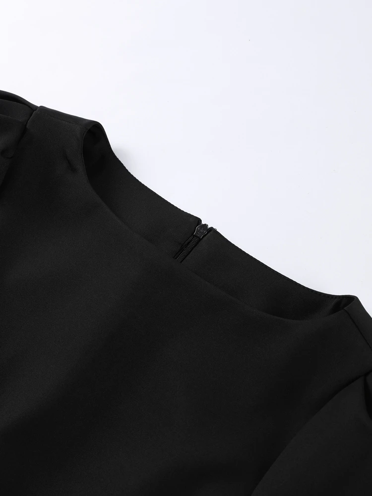 Robe courte élégante à manches bouffantes pour femmes, col rond, poches, Slim, noire, mode dame, robes de soirée, 2025