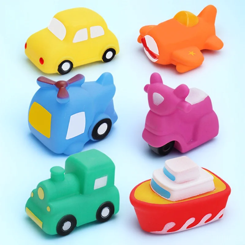 

6pcs Cartoon Baby Bath Toys Set Fun Squeeze Vehicles Durable Water Play Bathtub Accessories Elastic Shower Toy for Toddlers Gift