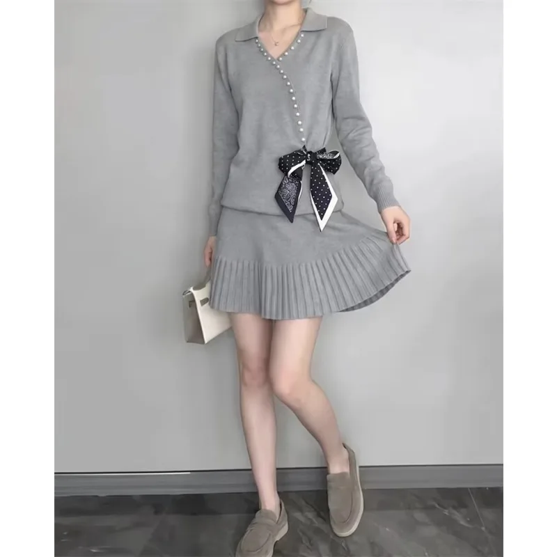Guobioziy Women's Casual Knit Set 2026 Early Autumn Simple Versatile Long-Sleeve Heavily Beaded Pleated Hem Bow-Knot