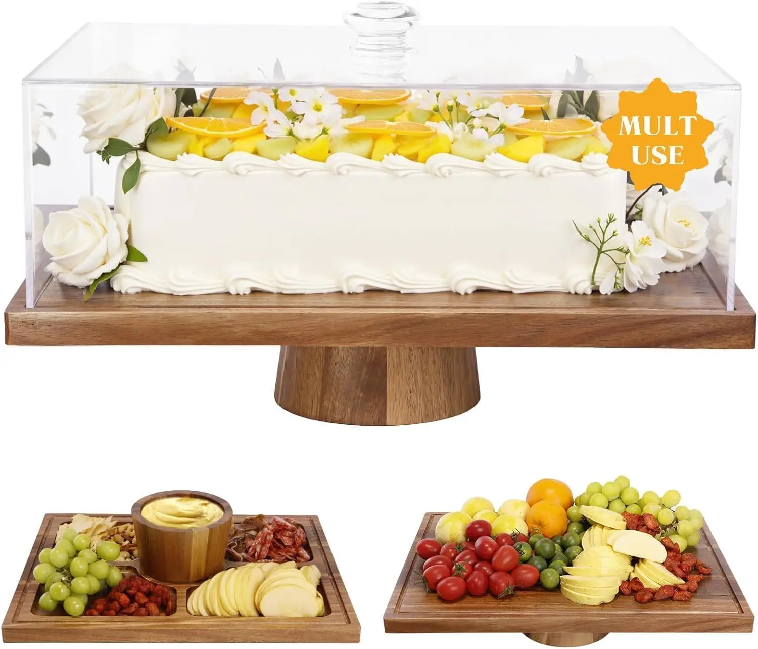 

17" Acacia Wood Cake Stand with Lid, 2-in-1 Rectangular Charcuterie Board & Dessert Display, Shatterproof Acrylic Dome