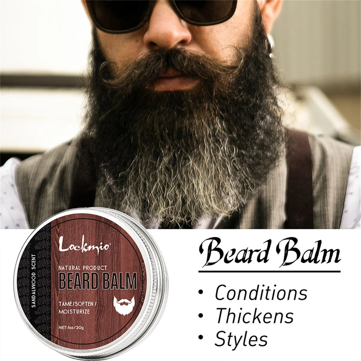 LOCKMIO 30g Beard Balm Mustaches Cream for Softens and Tames Unruly Beards Whiskers Butter for Repair Skin and Prevents Itching