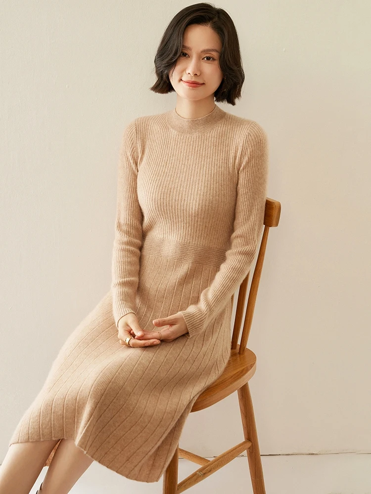 

Women's Long Cashmere Slim Dress Mock Neck Simple Dresses Autumn Winter 100% Cashmere Knitwear Office Lady Grace Knitted Dress
