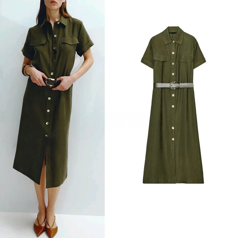 

Новая весенняя женская модная юбка-платье в американском стиле с поясом, коротким рукавом, отложным воротником, А-силуэт, из полиэстера