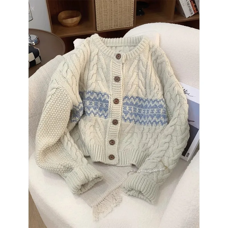Korean Autumn Winter Elegant O Neck Long Slevee Knitted Cardigan Y2k Harajuku French Vintage Twist Sweater All Match Punk Jumper