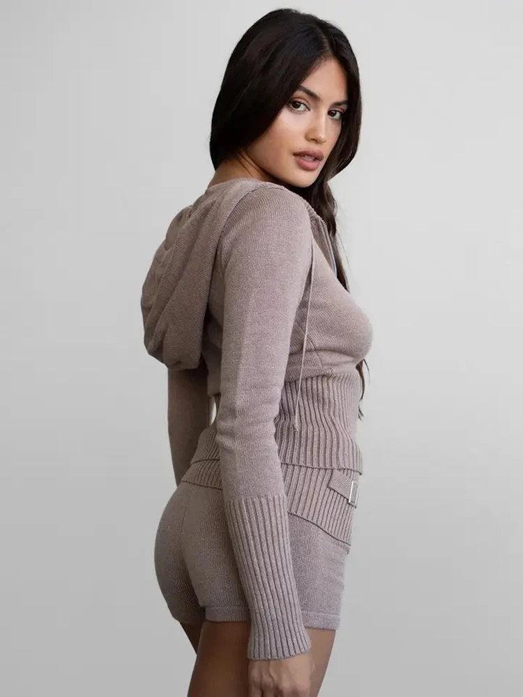 Spring Autumn Knitted Shorts Suit Women Long Sleeves Hooded Zipper Tops+high Waist Slim Shorts Female Solid Knit Two Piece Set