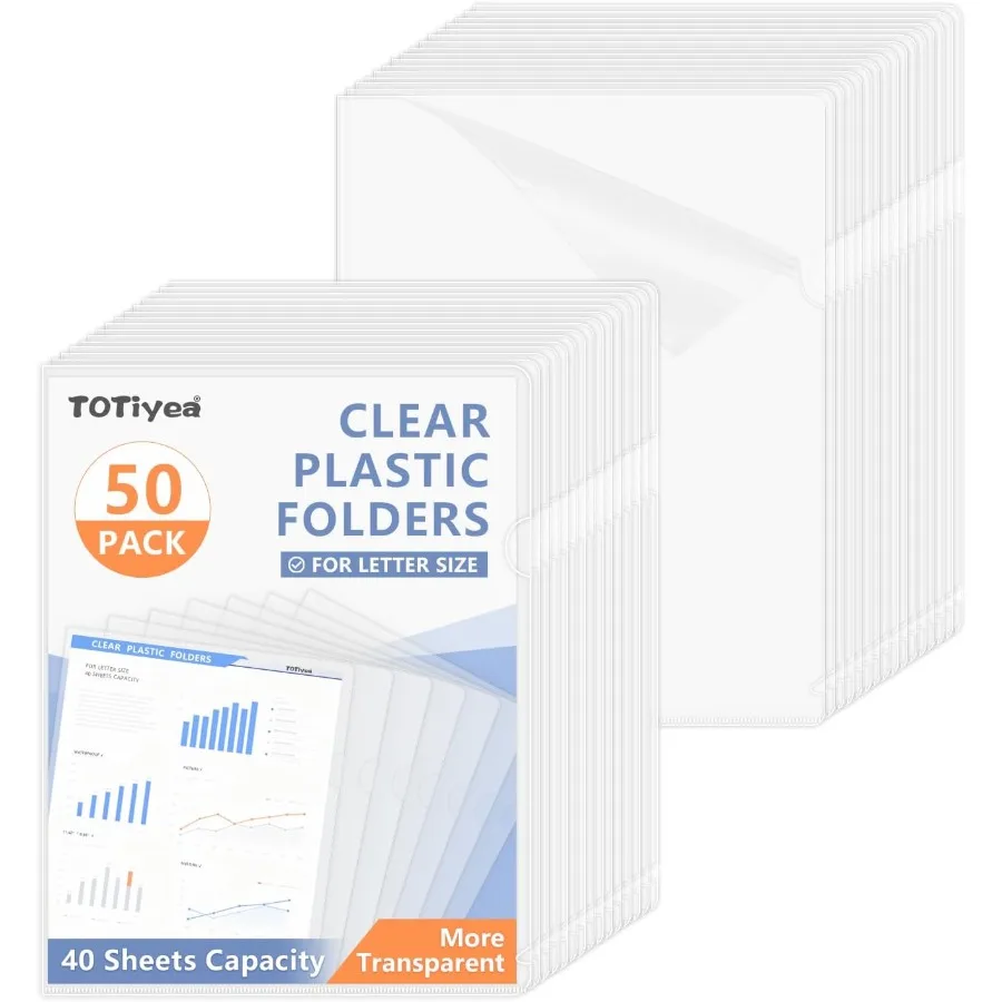 

50 Pack Clear Folder Plastic LType Folders Clear Copy Safe Project Pot Fits Letter Size 8.5x11 Paper Transparent
