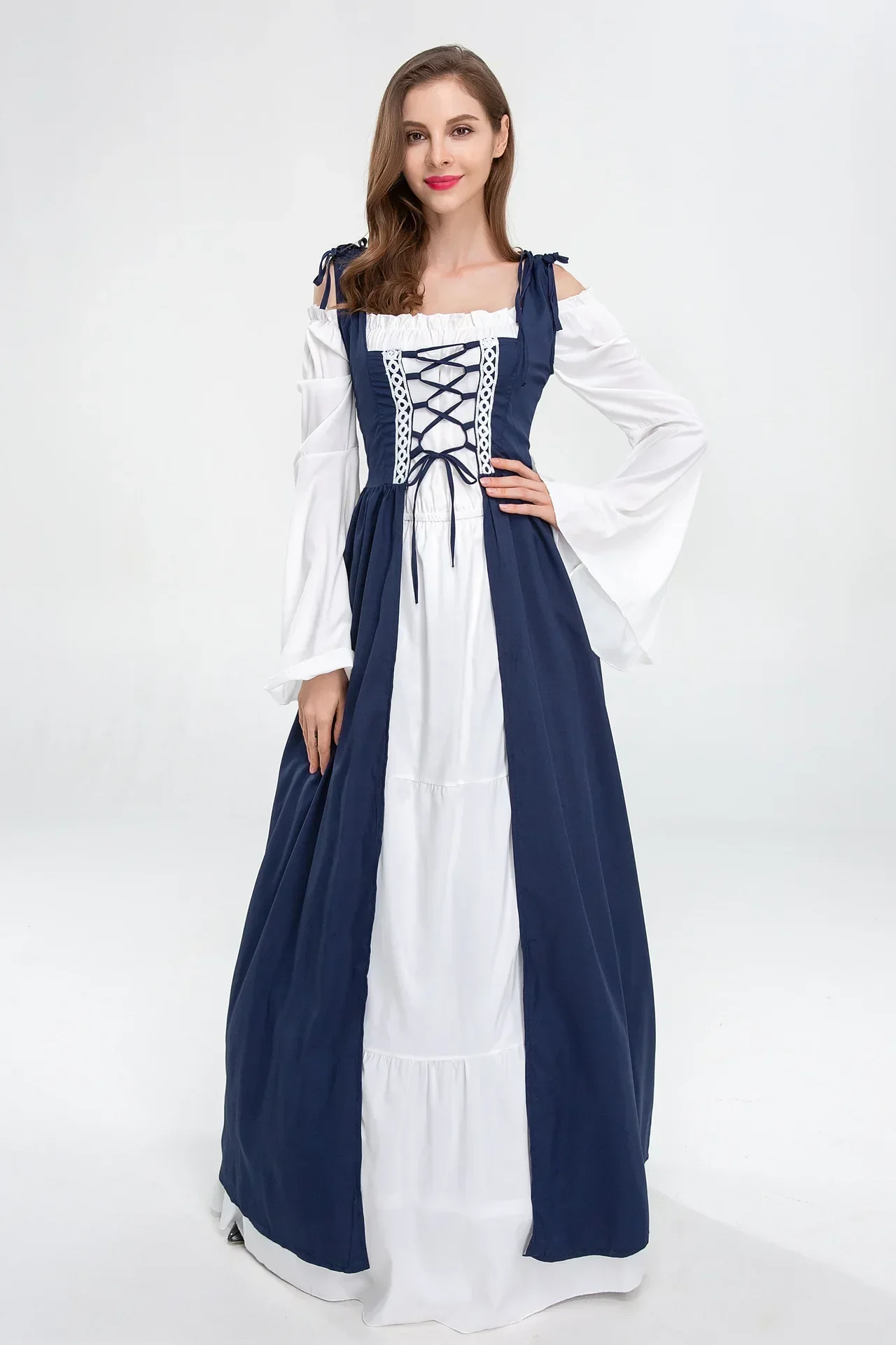 Women's European Medieval Retro Court Princess Cosplay Costume Long Dress Elegant Witch Square Collar Masquerade Halloween Wear