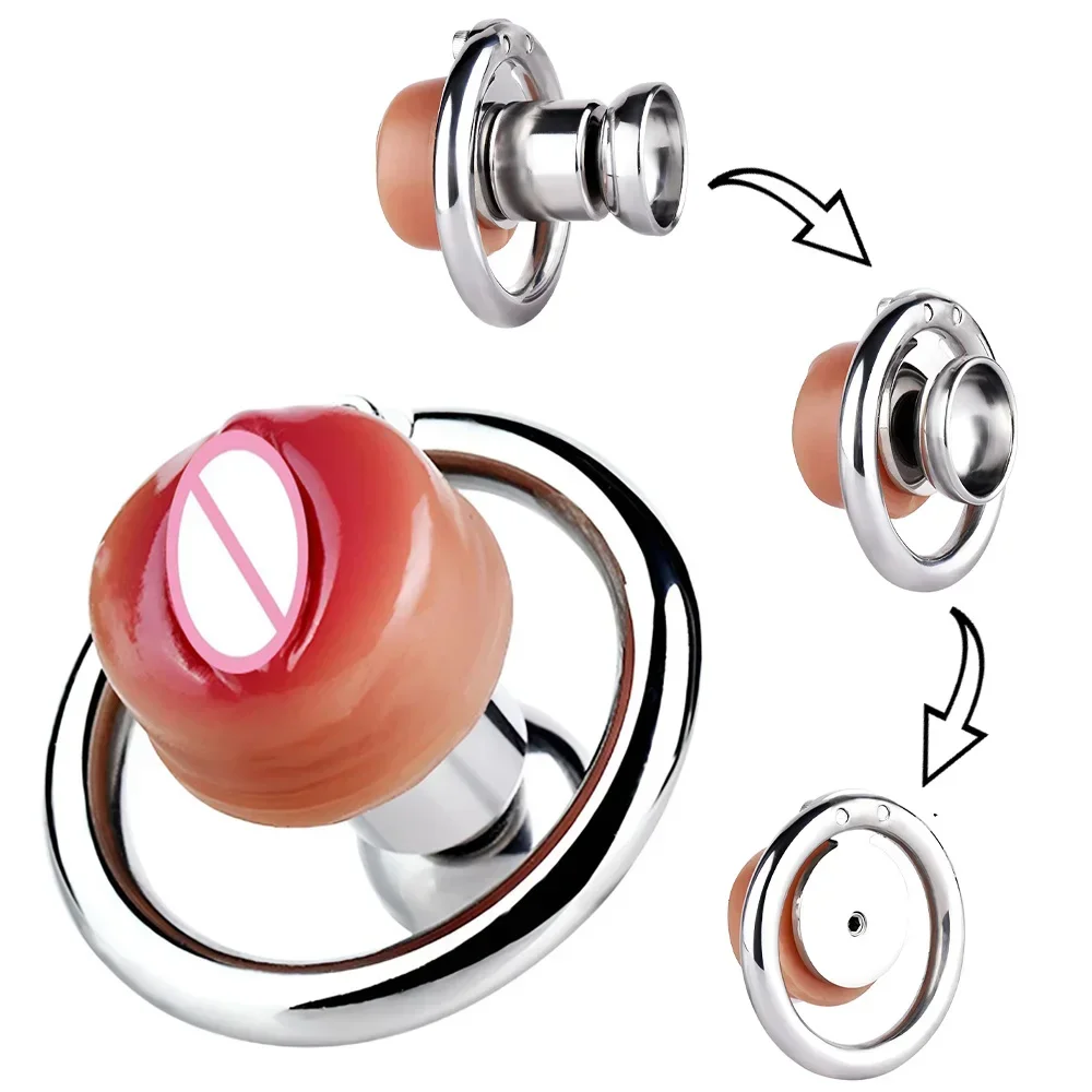 BDSM Toys Flat Chastity Cage Device with Clitoris Dildo for Urination Steel Sissy Invert Cock LockPenis Rings Sex Shop Adults