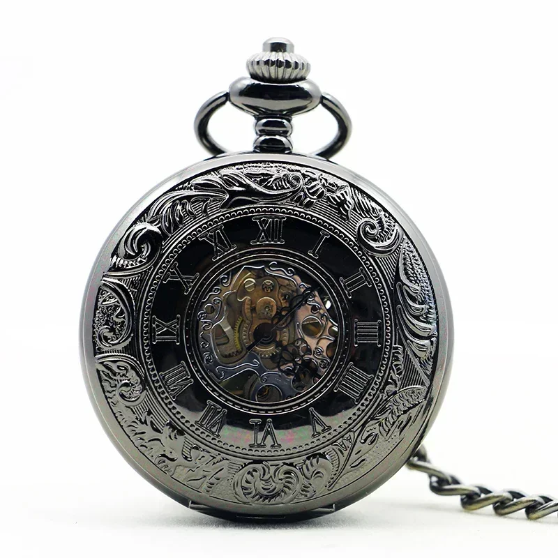 Cool Black Steam Roman Numbers Mechanical Automatic Pocket Watch Fob Watches Casual Skeleton Clock relojes de bolsillo