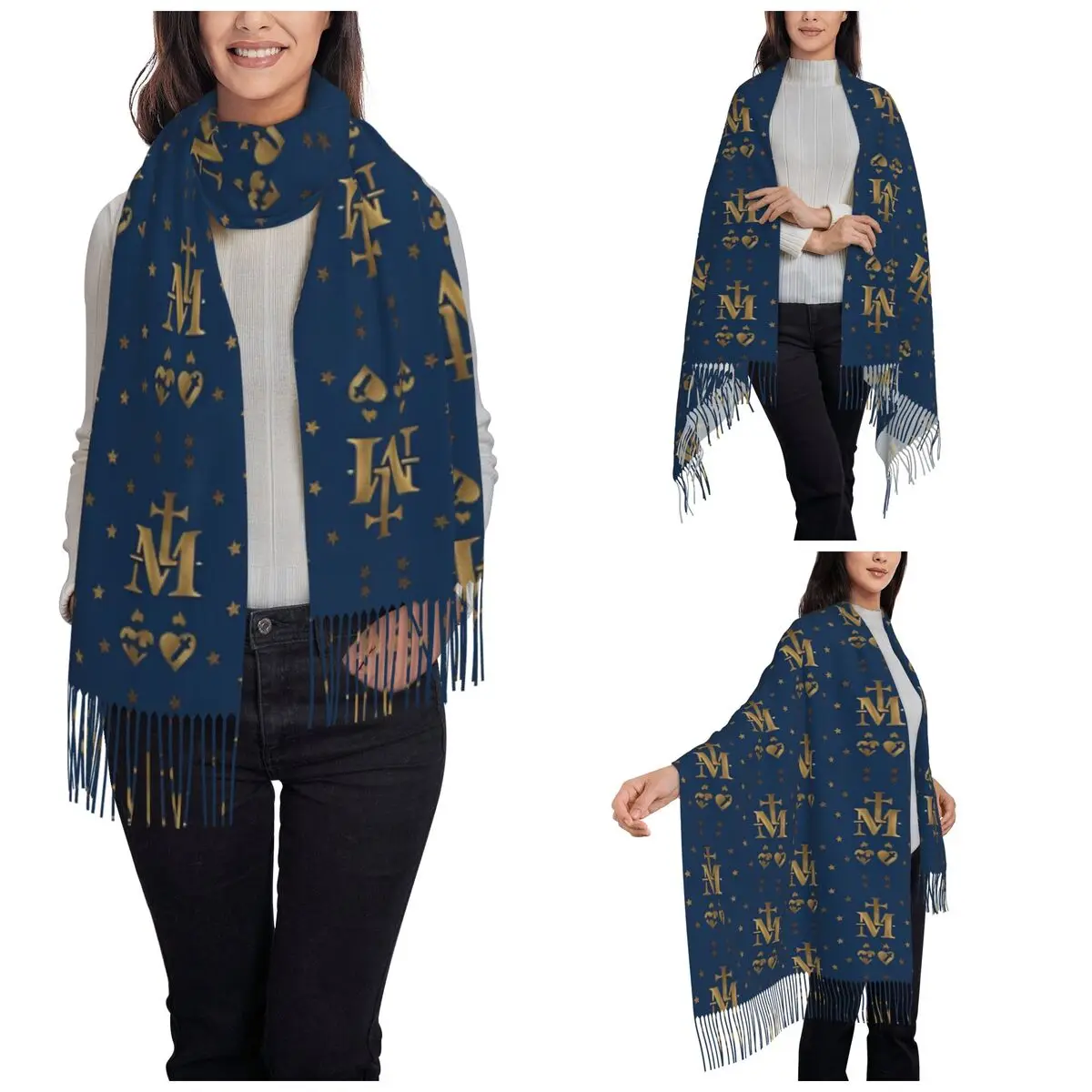 Miraculous Medal Virgin Mary Shawl Wraps Women Winter Long Soft Scarf Catholic Saint Pashminas Tassel Scarves