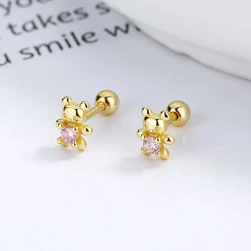 Korean Fashion Pink Zirconic Bear Screw Earrings For Women Girls Cute Animal Cartilage Helix Tragus Ear Piercing Jewelry Gift