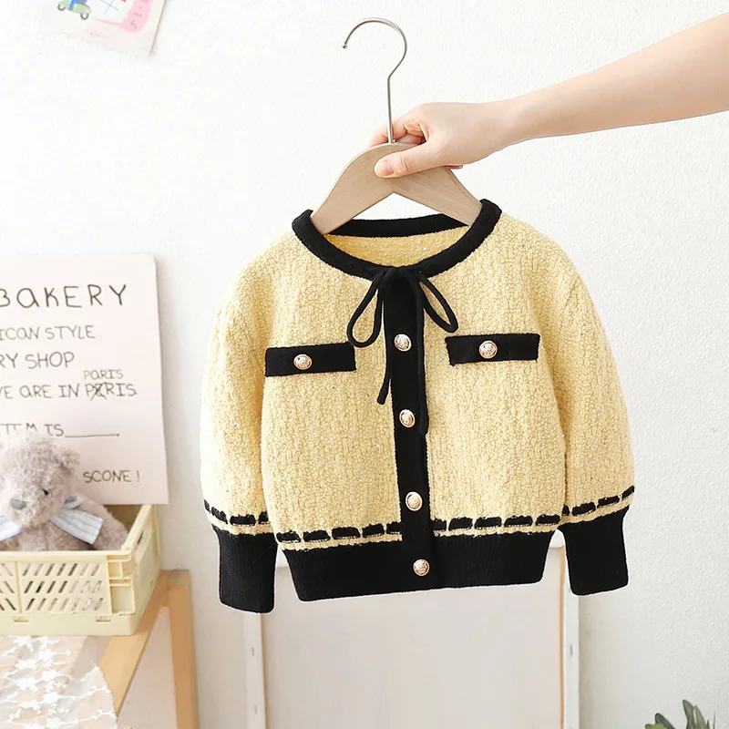 New Korean version of children's sweater 2024 autumn and winter girls solid color small fragrant wind lace-up cardigan knitting