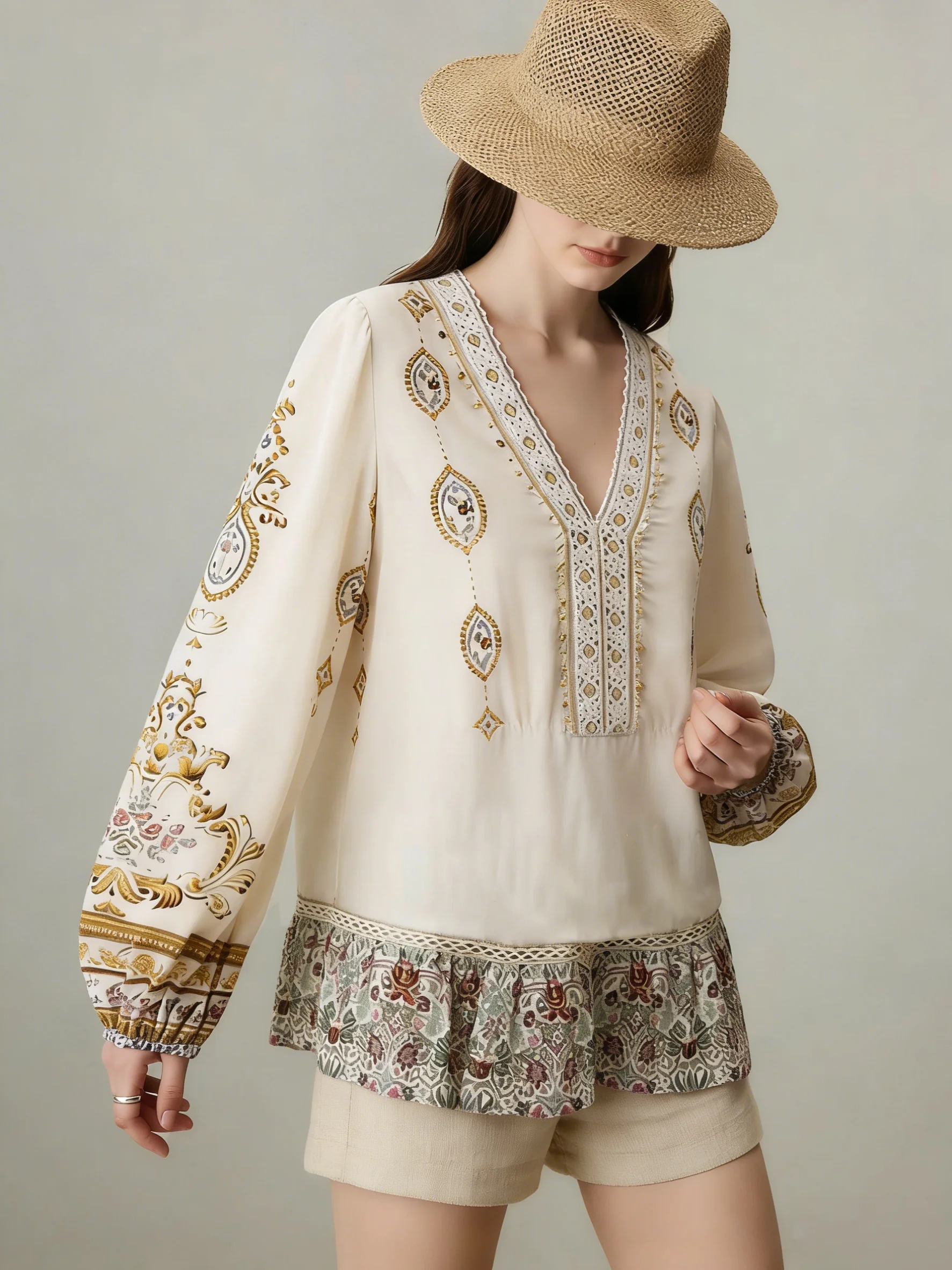 

Ele V-ne Bubble Sve Printed irt Women's Sle 2026 New Spring Casual Wear Lightweight Luxury Feel Loose Fit irt