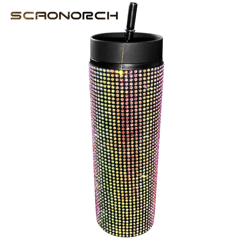 480ml Bling Water Bottle Plastic Glitter Tumbler Coffee Mug With Lid With Straw Rhinestones Diamond Outdoor Water Cup