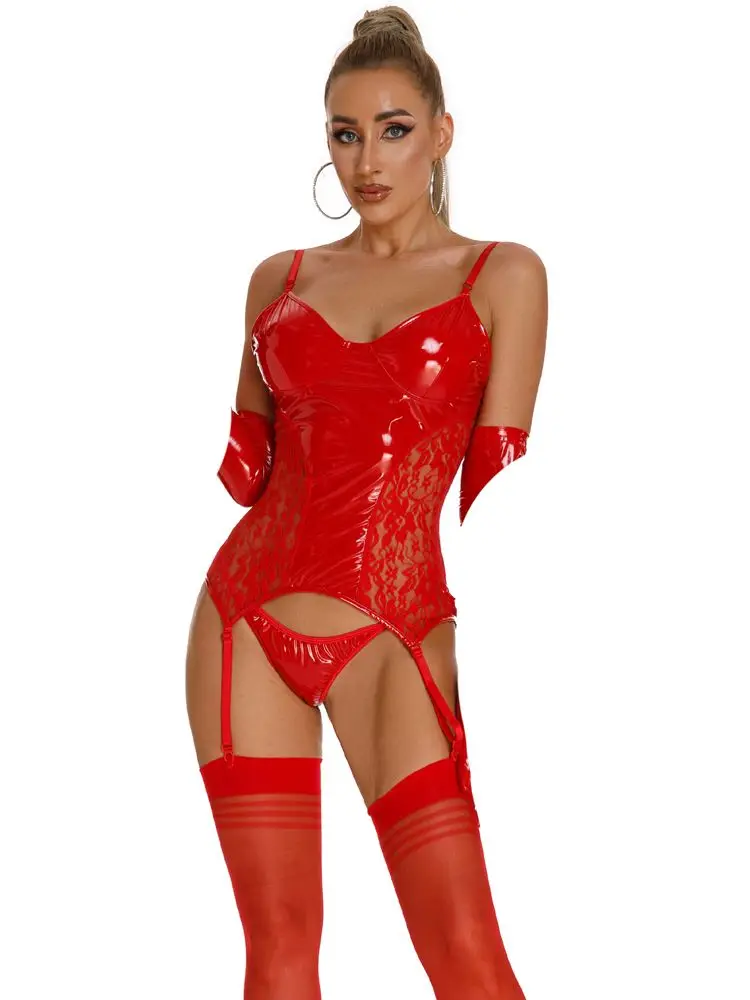 2PCS/SET Wet Look PVC Catsuit Shiny PU Leather Crotchless Open Crotch Bodysuit Body Garter Belt + Thong Hot Sexy Clubwear Outfit