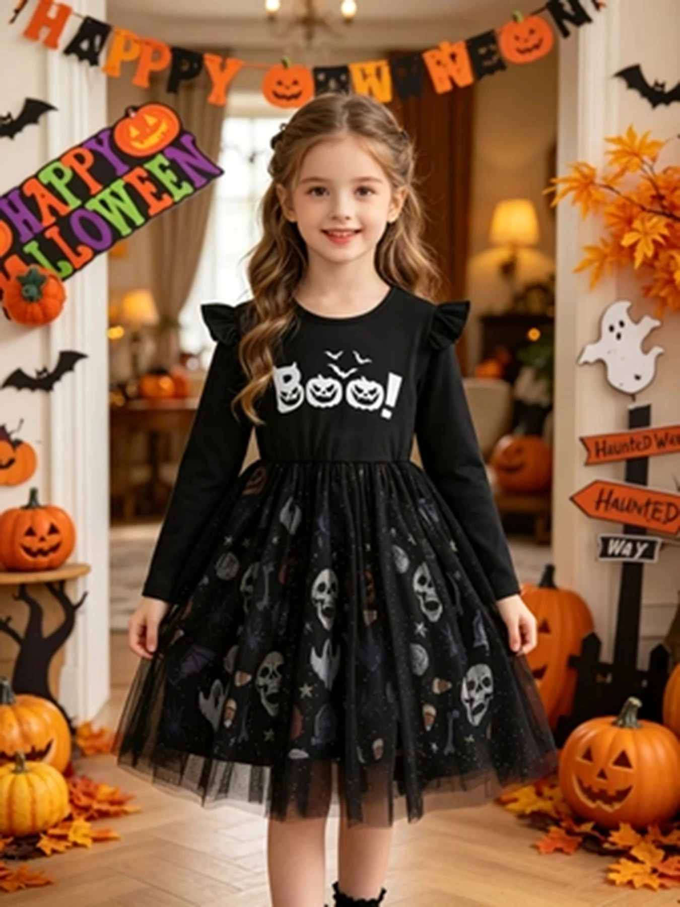 Girls' Long‑Sleeve Halloween Dress, Skull & Pumpkin Print Tulle Princess Dress, Kids' Party Performance Costume