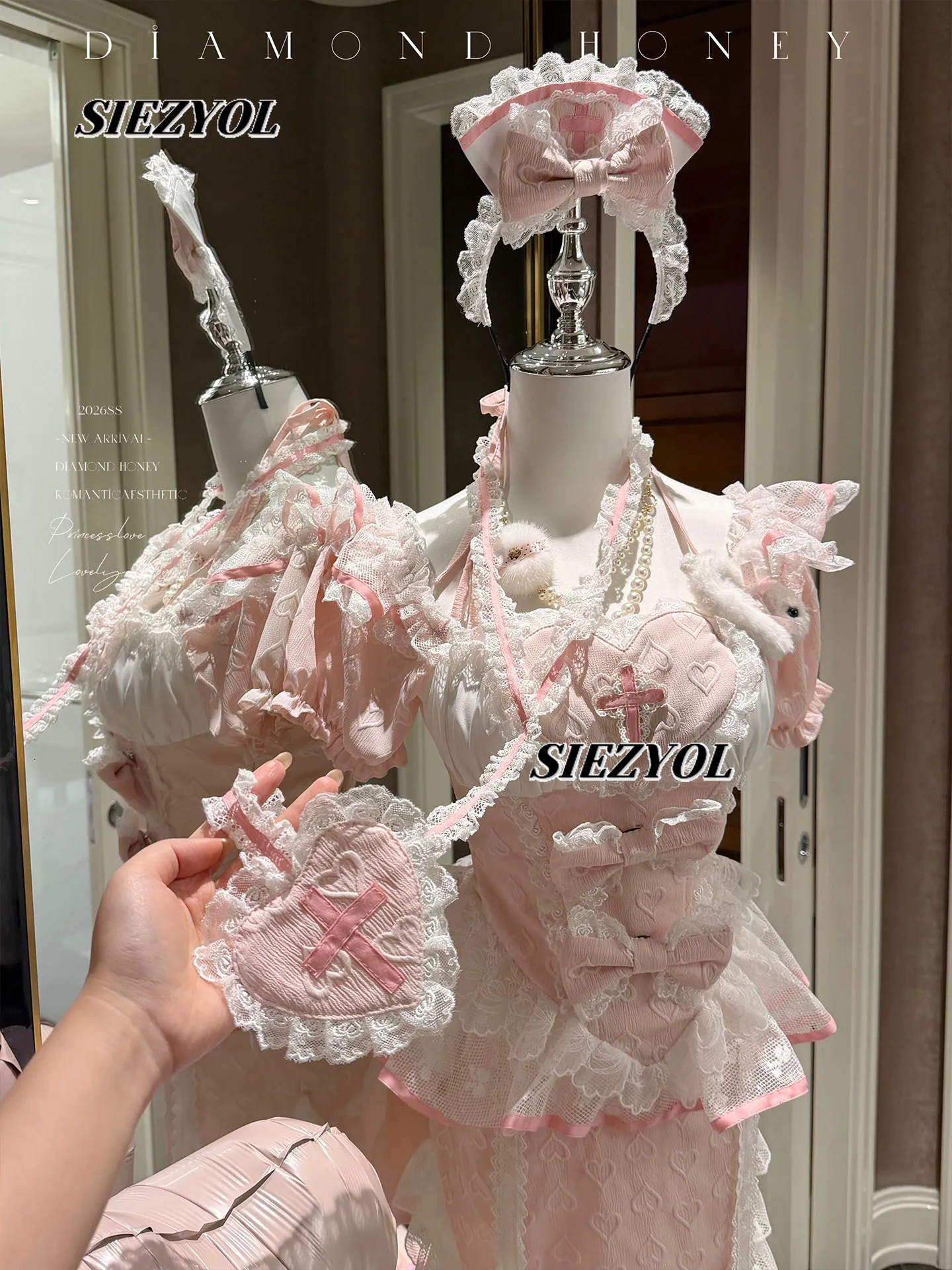 Sweetheart Nurse Cosplay Suit Cute Pink New Chinese-style Improved Cheongsam Maid Clothes Bow Short-sleeved Top and Hip Skirt