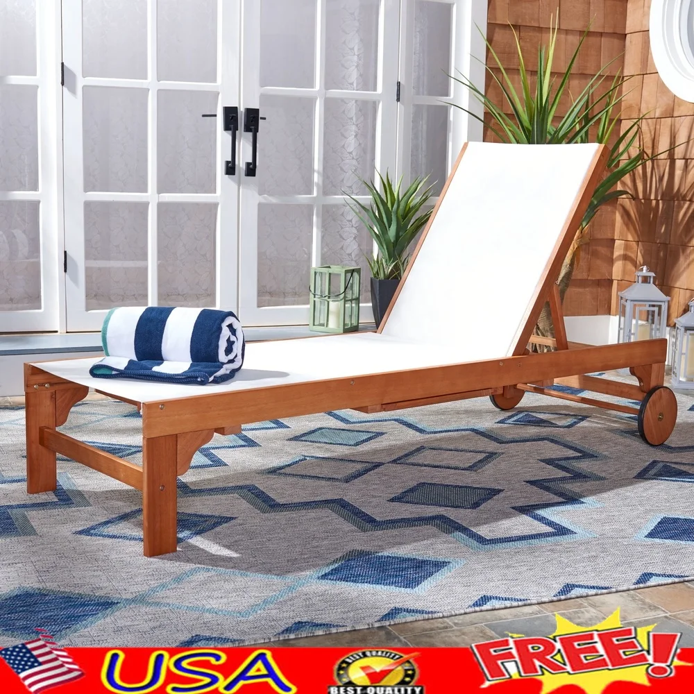 

Outdoor Chaise Lounge Eucalyptus Wood Frame Adjustable Sunlounger Natural Beige Upholstery Easy Maintenance Poolside Furniture