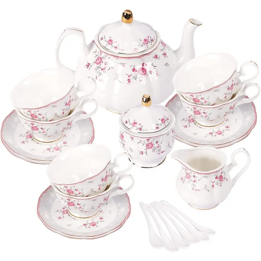 

Vintage Porcelain Tea Set for Women Tea Party, Cup and Saucer Set for 6, Wedding Floral Teapot Set for Adults, Pink Rose