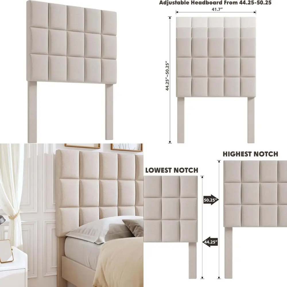 

Twin Size Upholstered Linen Bed Board, Adjustable Height 44-52, Durable Solid Wood, Beige