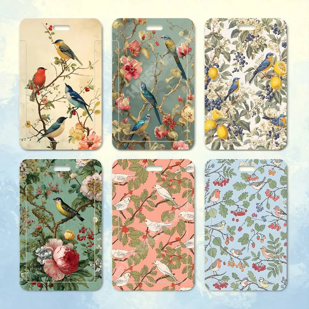 Lovely Birds & Traditional Flowers Pattern Plastic Card Holder Student ID Card Clear Transparent Business Office Supplies