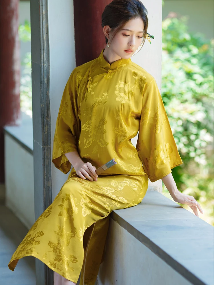 

New Chinese Sle Spring Summer Morning Robe Old Silk Embroidered Button Long Qipao Dr Low Slit Daily Wear