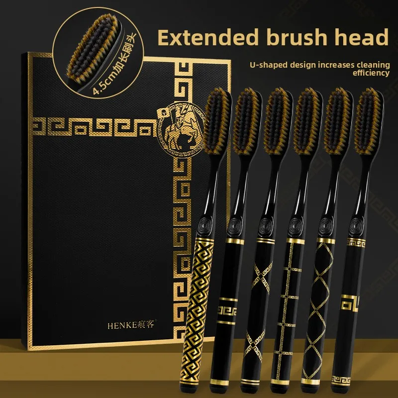 Medium soft bristled long head toothbrush gift box with black gold handle, suitable for travel home use, efficient oral cleaning