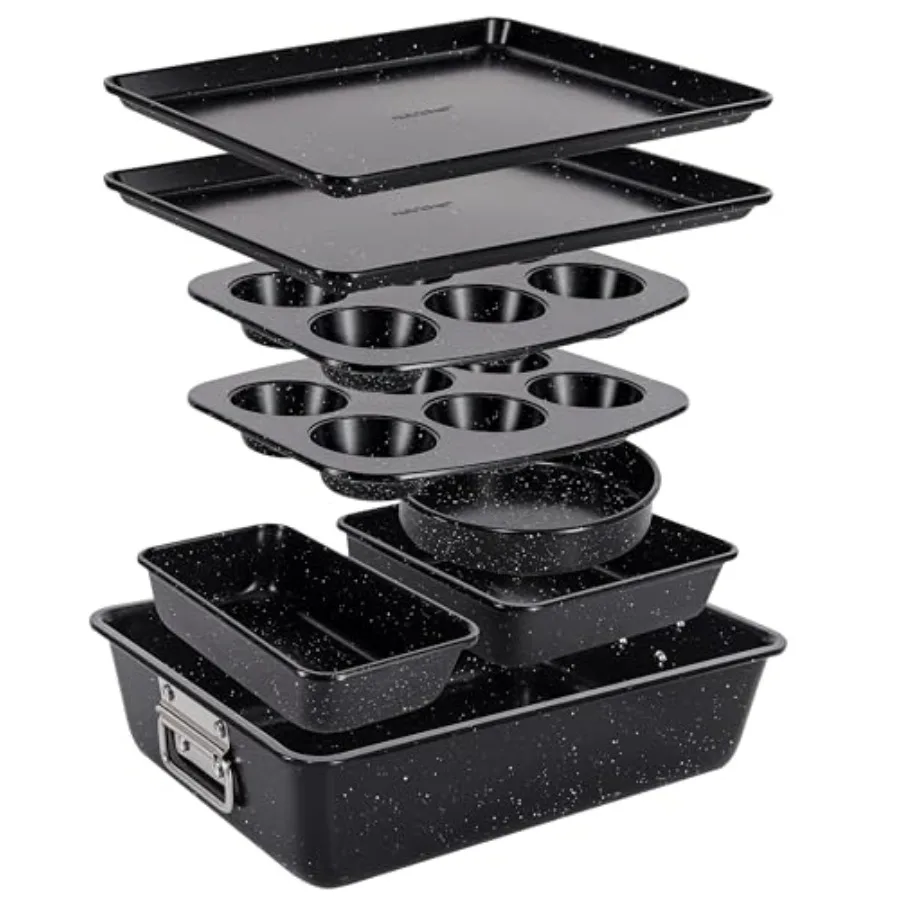 

8-Piece Stackable Bakeware Set - Carbon Steel Non-Stick Baking Pan Set Sheet Muffin Round Loaf Square Cake and Deep Pans 450°F