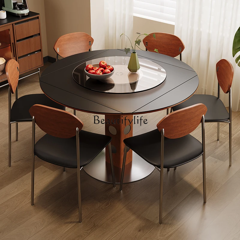 2Solid wood functional dining table household small apartment light luxury rock slab square folding round table