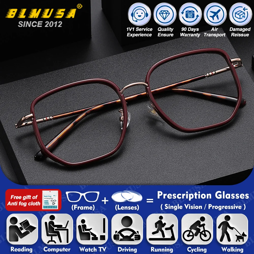 

BLMUSA (L) Vintage Alloy Oversize Frame Myopia Photochromic Prescription Glasses Women Blue Light Filter Progressive Eyeglasses
