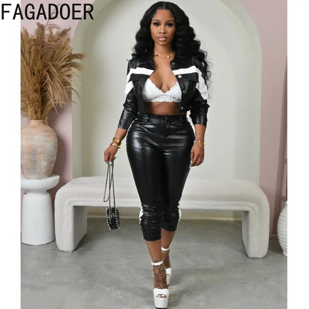 FAGADOER Fashion PU Leather Patchwork Two Piece Sets Women Turndown Collar Long Sleeve Crop Top And Skinny Pants Outfits Clothes