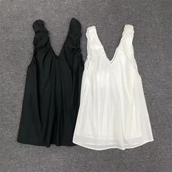 2024 spring/summer new wide shoulder strap pleated V-neck sleeveless vest pullover top