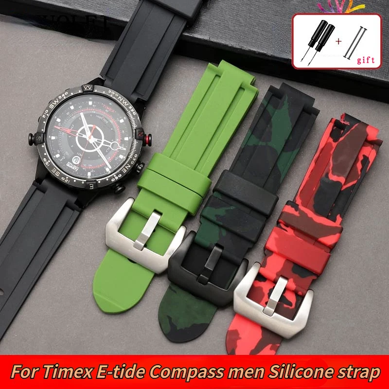 For timex E-tide Compass Wrist band T2N739 T2N720 T2N721 convex mouth 16mm strap waterproof silicone men\'s watchband bracelet