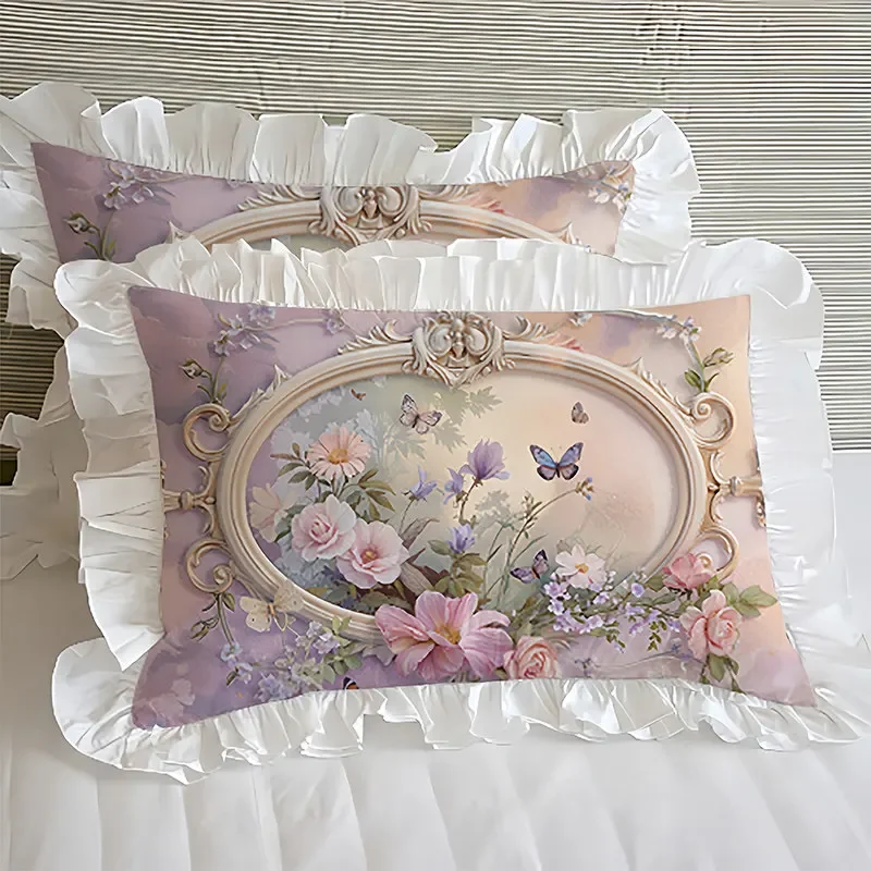 Printed Bedroom French Princess Purple Flower Pillowcase Set Double Layered Lace Pillow Cover There Are 3 Colors To Choose From