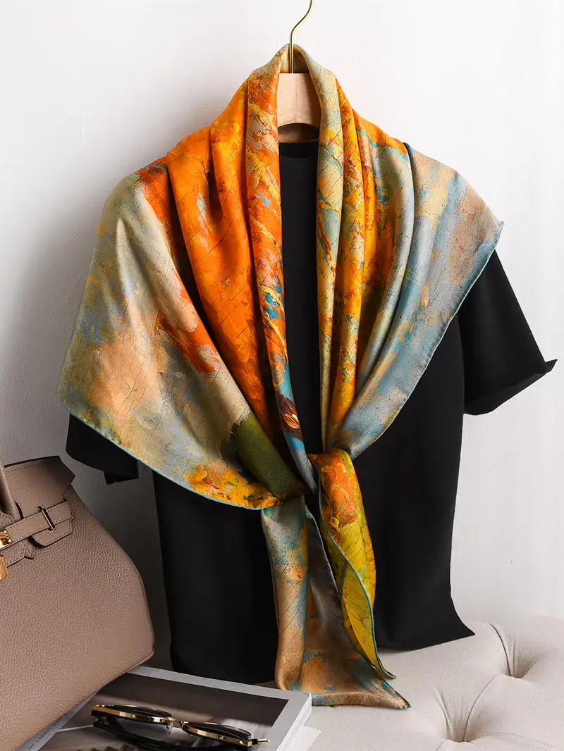 Yellow Satin Heasd Scarf Women Luxury Handrolled Edge Shawls Bandanas Hijab Woman Luxuri Mother's Day Gift Silk Square Scarfs