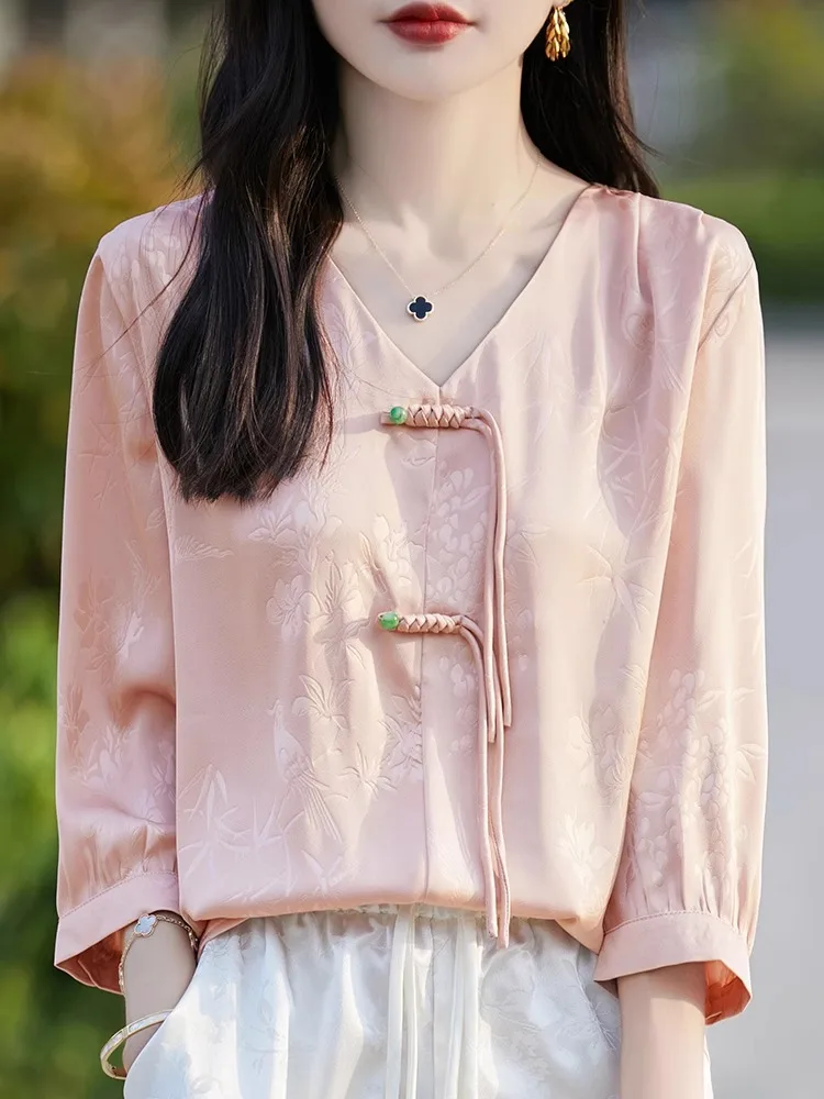 Ele ort Sve Women's Top Silk Tussah Embroidery Button  Haute Couture Summer Fine Chinese Sle V-ne T-irt