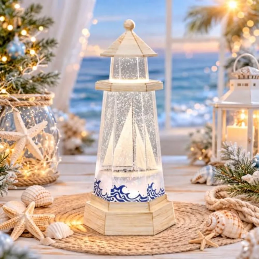 Lámpara de Mesa Náutica Decorativa con Luz LED Acrílica, Diseño de Faro Giratorio con Destellos en Movimiento, Funciona con Pilas, 3 Unidades