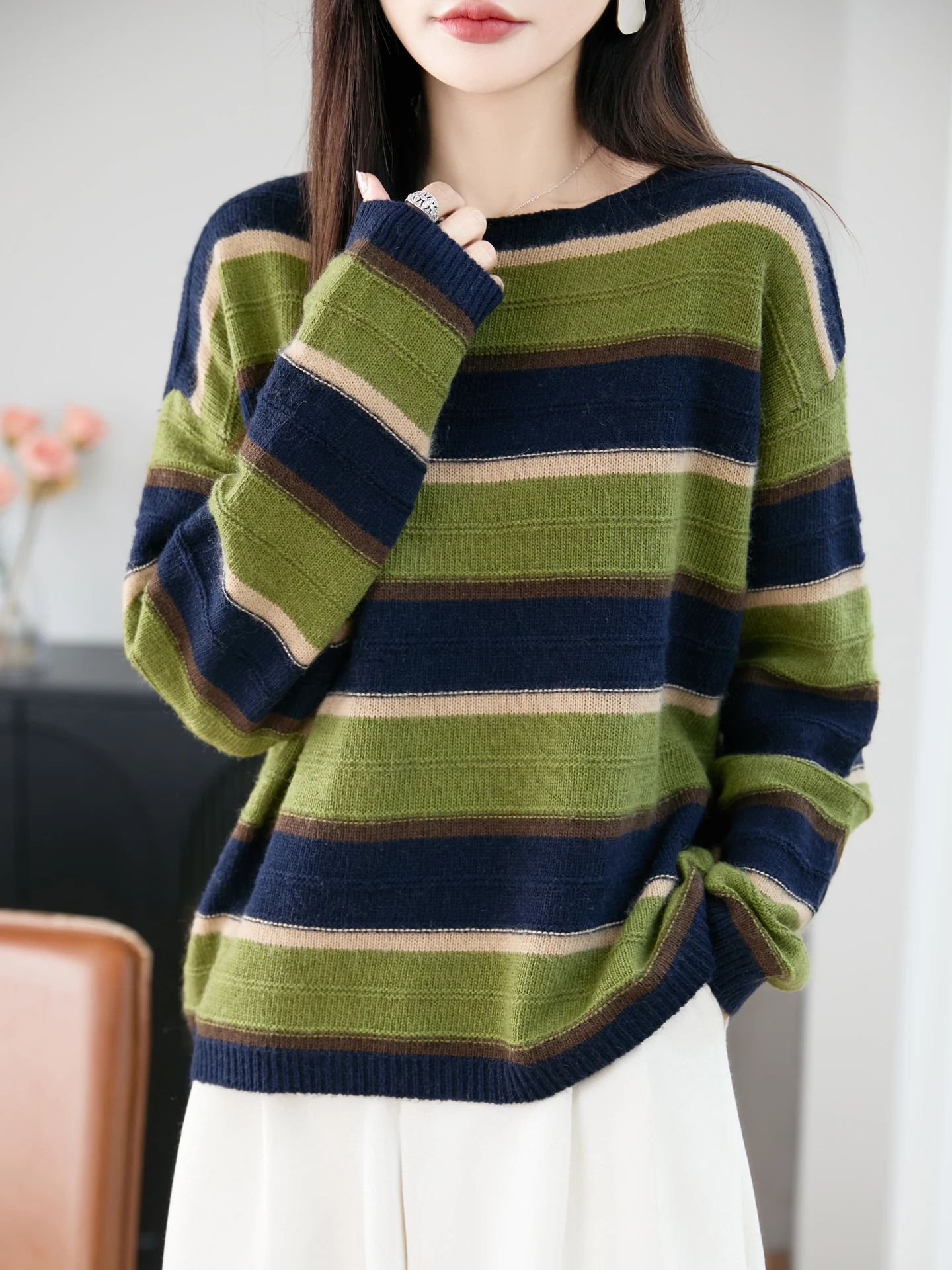 New Fashion Autumn Winter Woman Sweater Elegant Female Merino Wool Knitwear Striped Pullover Ladies Long Sleeve Clothing Tops
