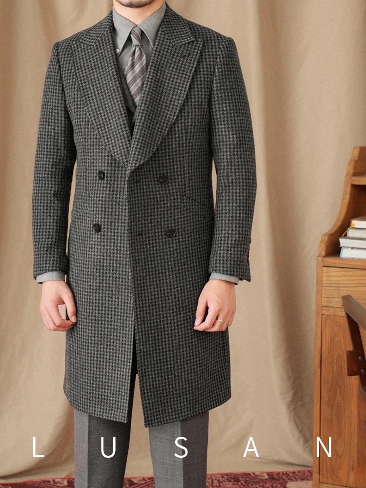 Mr. Lu San British business retro plaid double-breasted long coat 80% wool Italian trendy men
