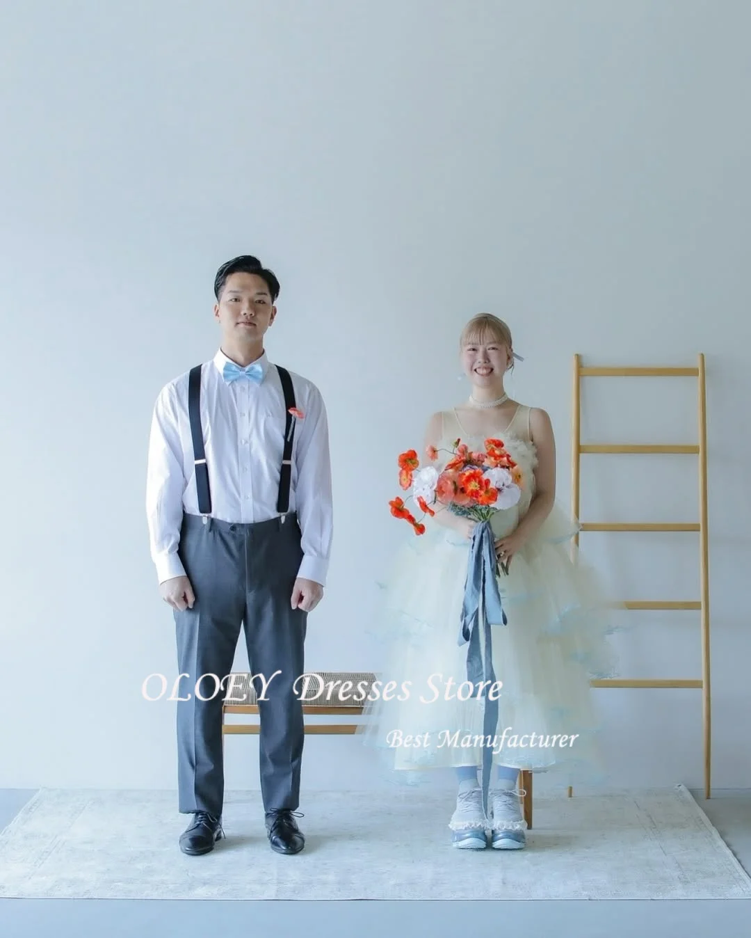 OLOEY A-Line Evening Dresses Ivory Photo Shoot Korea Wedding Prom Gowns Formal Occasion Tulle Tiered Ruffles Customised