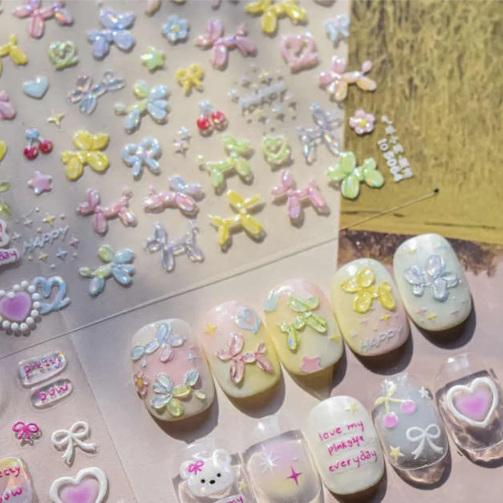 Pegatina para uñas de perro con globo de gelatina en relieve 5D, pegatinas deslizantes de flores con lazo colorido para cachorro, pegatinas autoadhesivas para decoración de uñas con globos