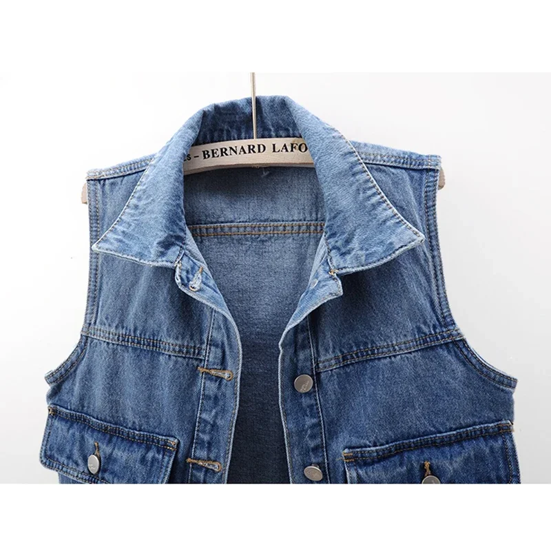 

Autumn Vintage Blue Big Pocket Denim Vest Waistcoat Women Loose Short Cowboy Sleeveless Jacket Korean Casual Jeans Vest Female