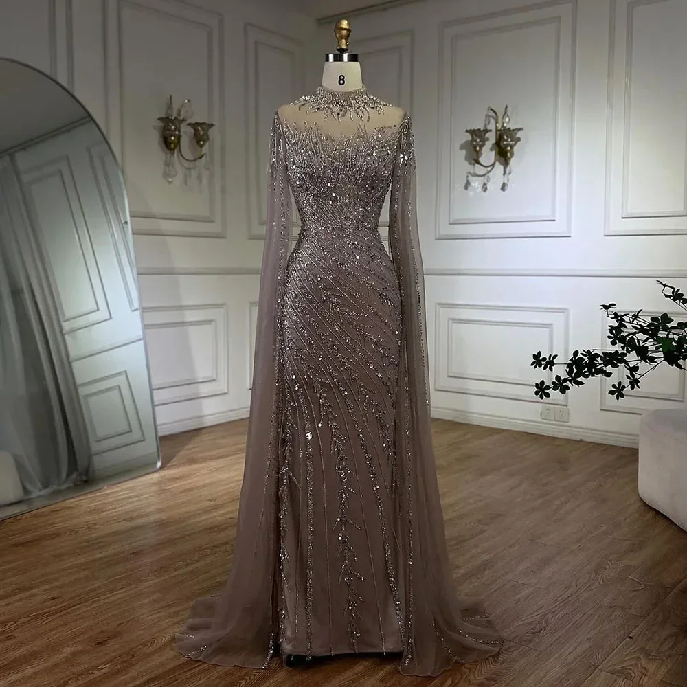 Serene Hill 2025 Nude Cape Sleeves Mermaid Lace Beaded Luxury Dubai Long Evening Dresses Gowns Customize Wedding Party BLA71885A