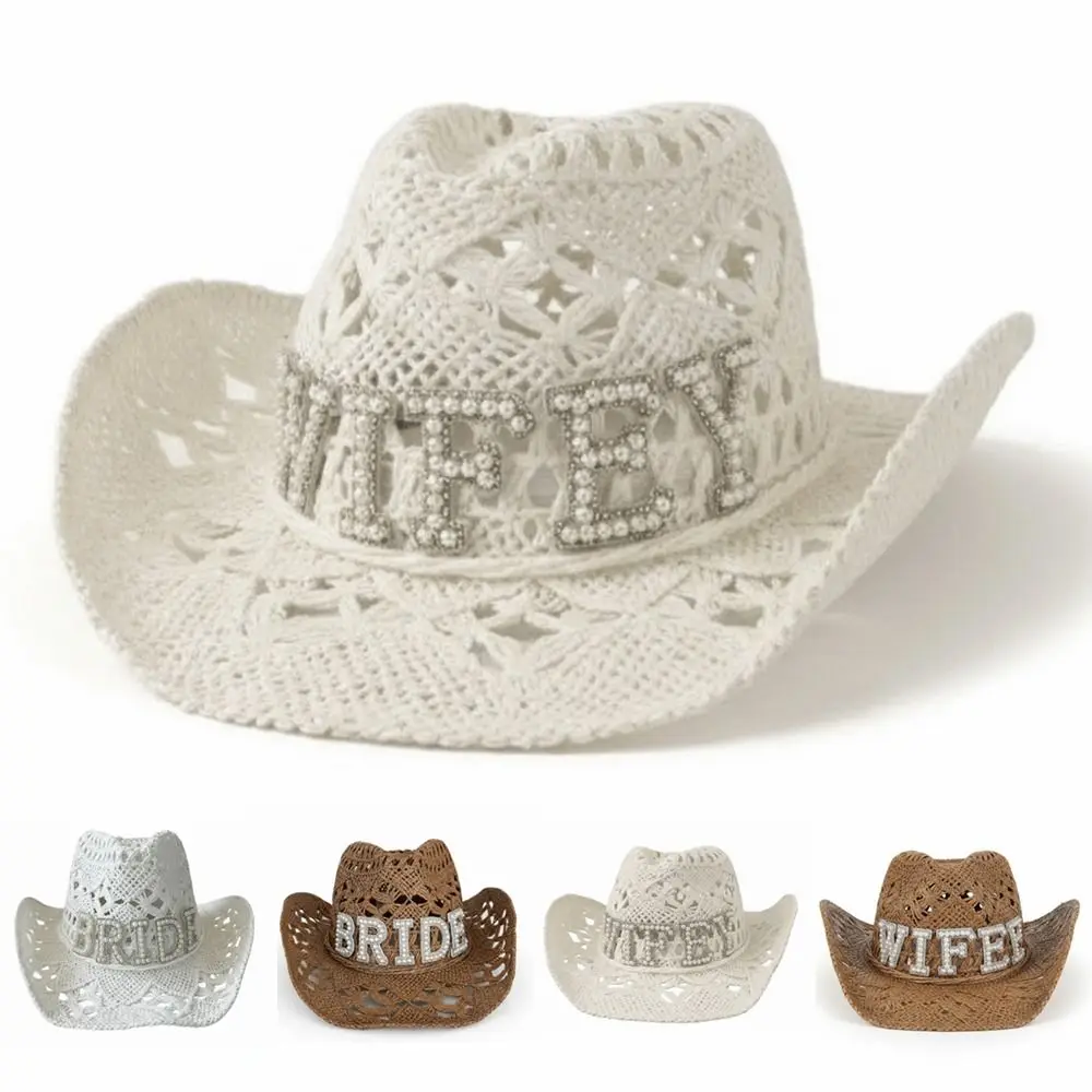 

Fashion Rhinestone Letters Bride Wifey Cowboy Hat Hollow Breathable Cowgirl Hat Crochet Jazz Hat For Wedding Bridal Party