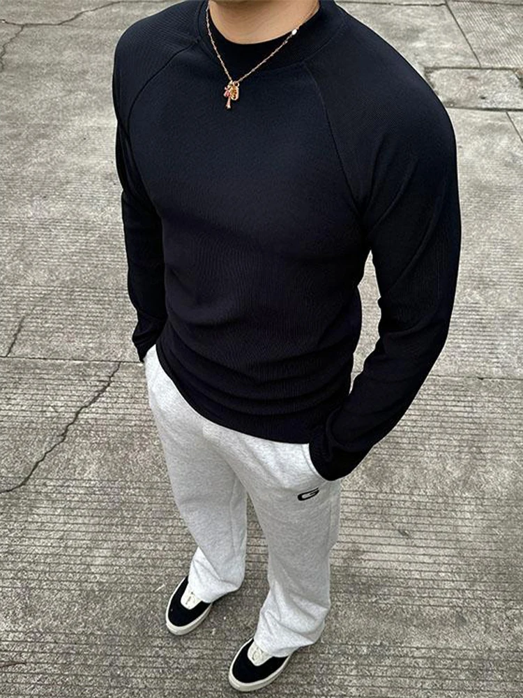 

American Sle Long Sve f High Collar Men's T-irt Fitn Training Sport Sweatirt Bla Inner Wear Base irt