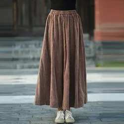 High Waist Cotton Linen Casual Skirt Women New Arrival 2024 Autumn Vintage Style Solid Color Female A-line Long Skirts M198