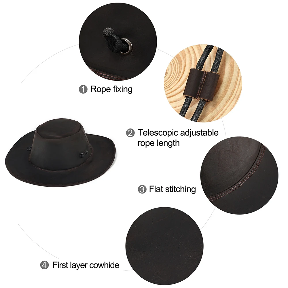 JOYIR High Quality Genuine Leather Male Western Cowboy Hat Vintage Jazz Fedora Cowhide Leather Large 62CM for Men New